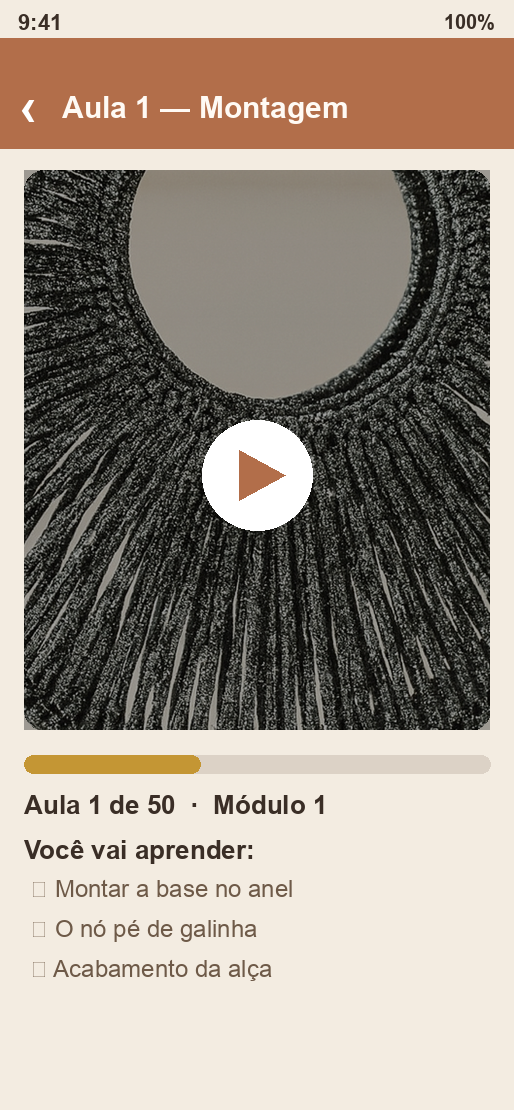 Tela de aula do app Bags de Macramê com vídeo passo a passo
